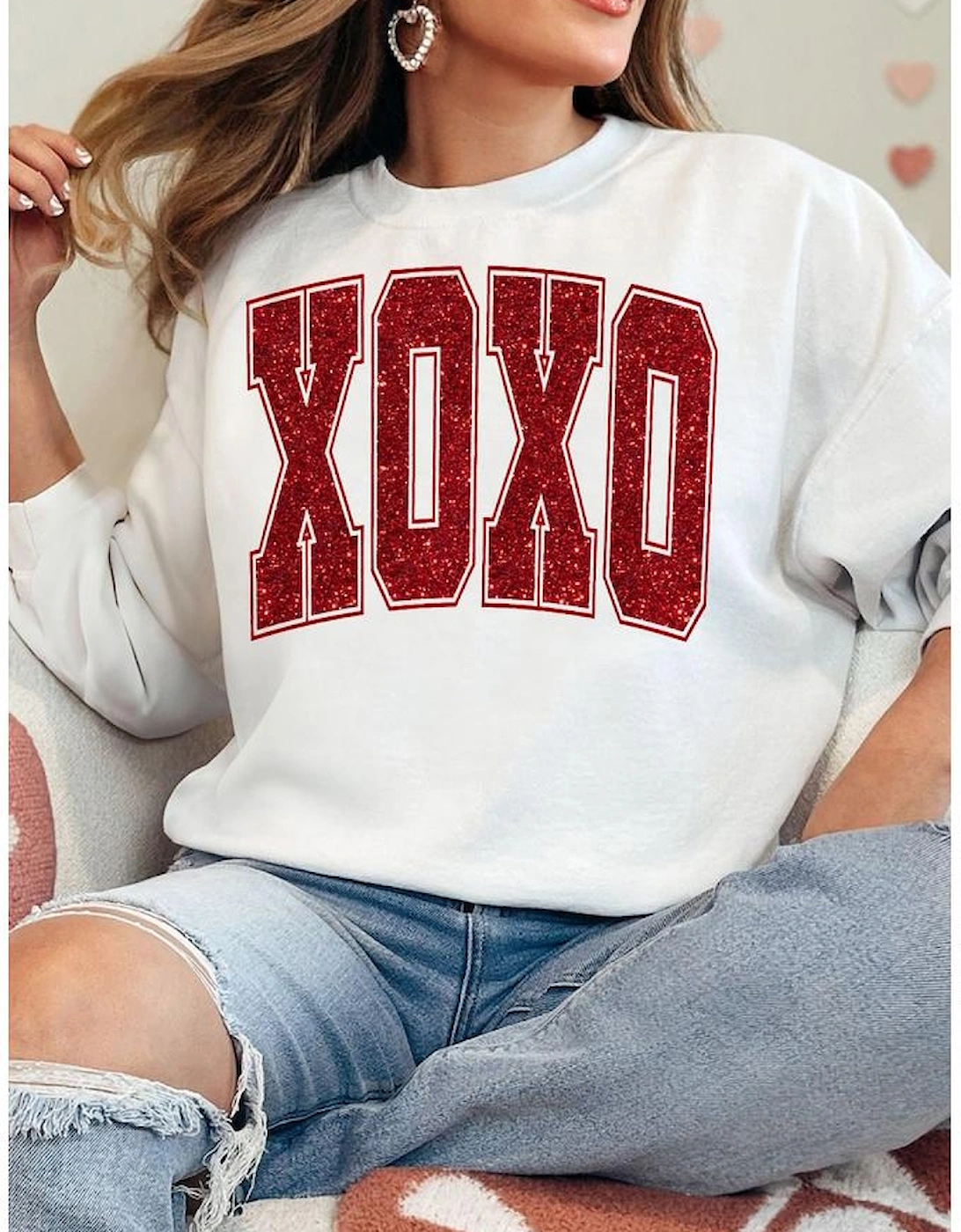 White Glitter XOXO Graphic Crewneck Valentines Pullover Sweatshirt