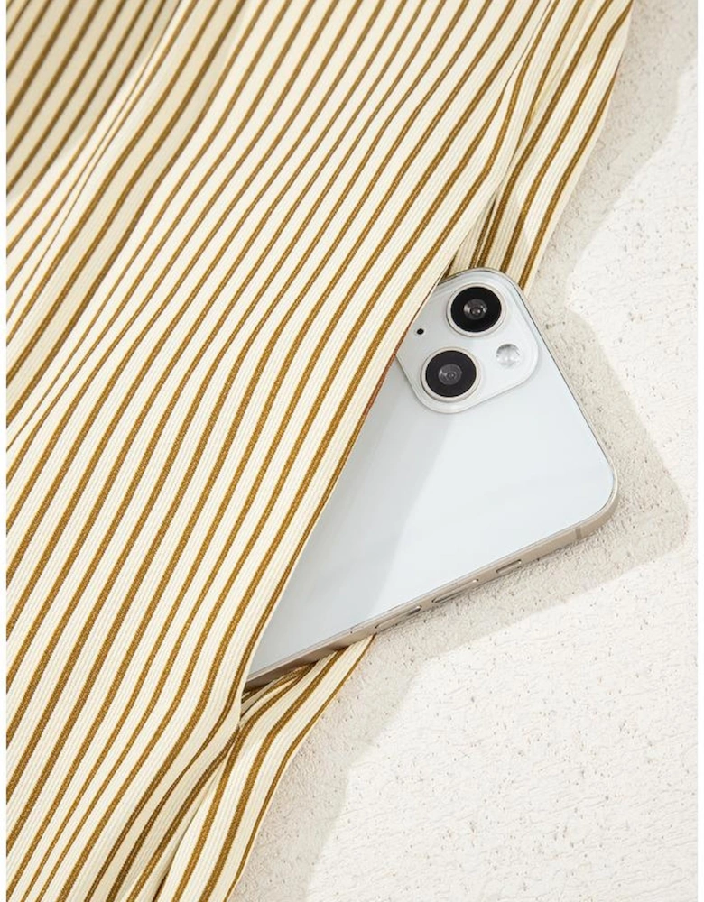 Brown Stripe Collared Neck Cuffed Long Sleeve Drop Waist Mini Dress