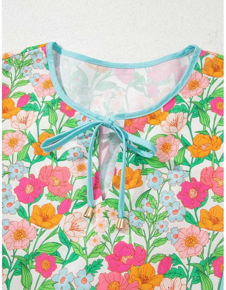 Green Floral Print Striped Trim Tie Neck Puff Sleeve Babydoll Blouse