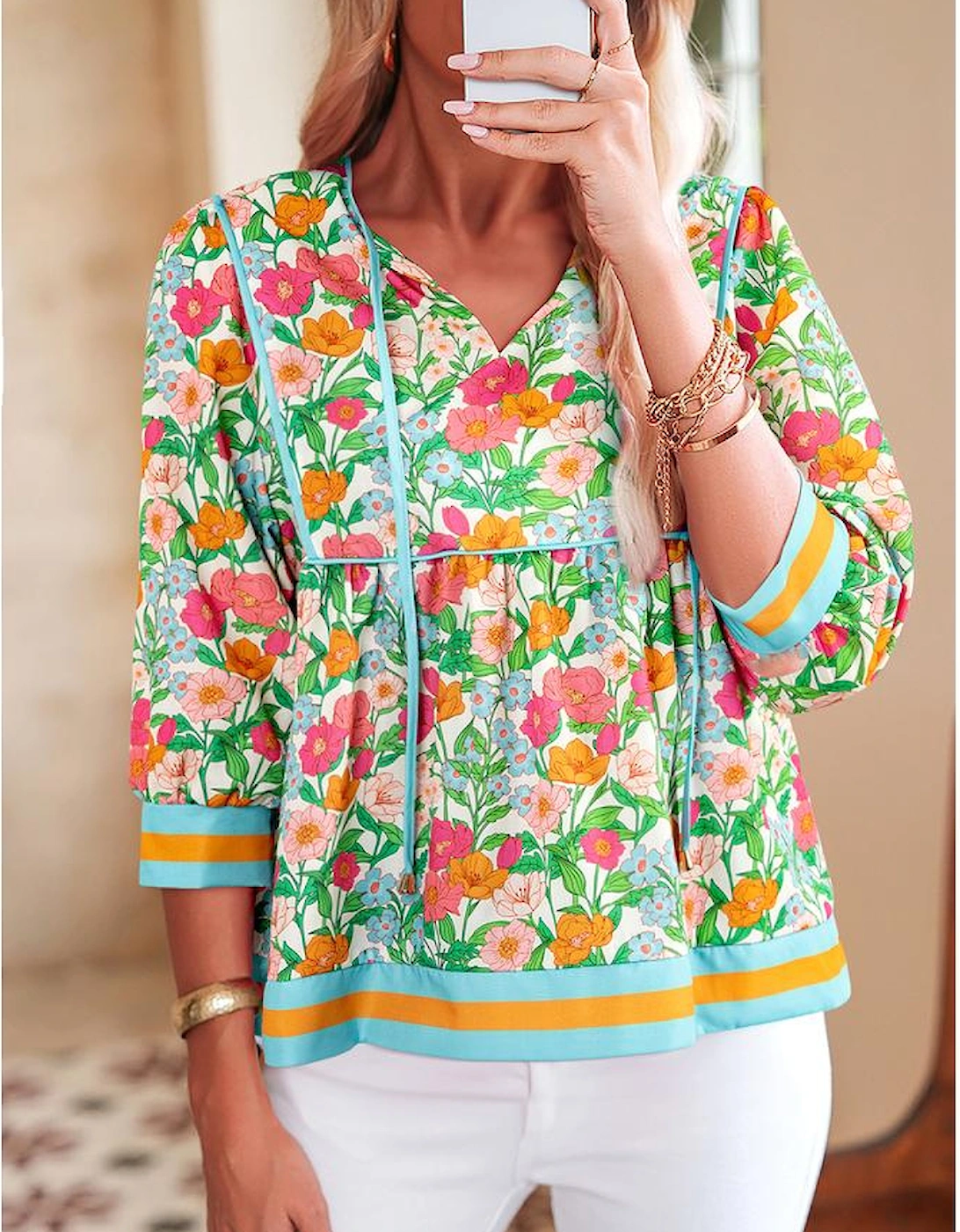 Green Floral Print Striped Trim Tie Neck Puff Sleeve Babydoll Blouse