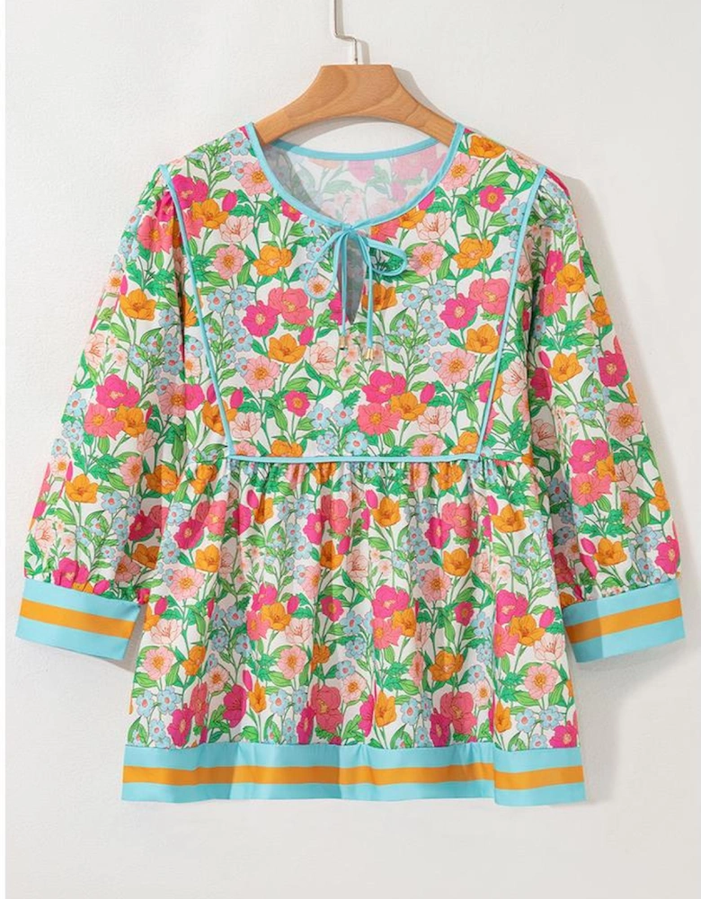 Green Floral Print Striped Trim Tie Neck Puff Sleeve Babydoll Blouse