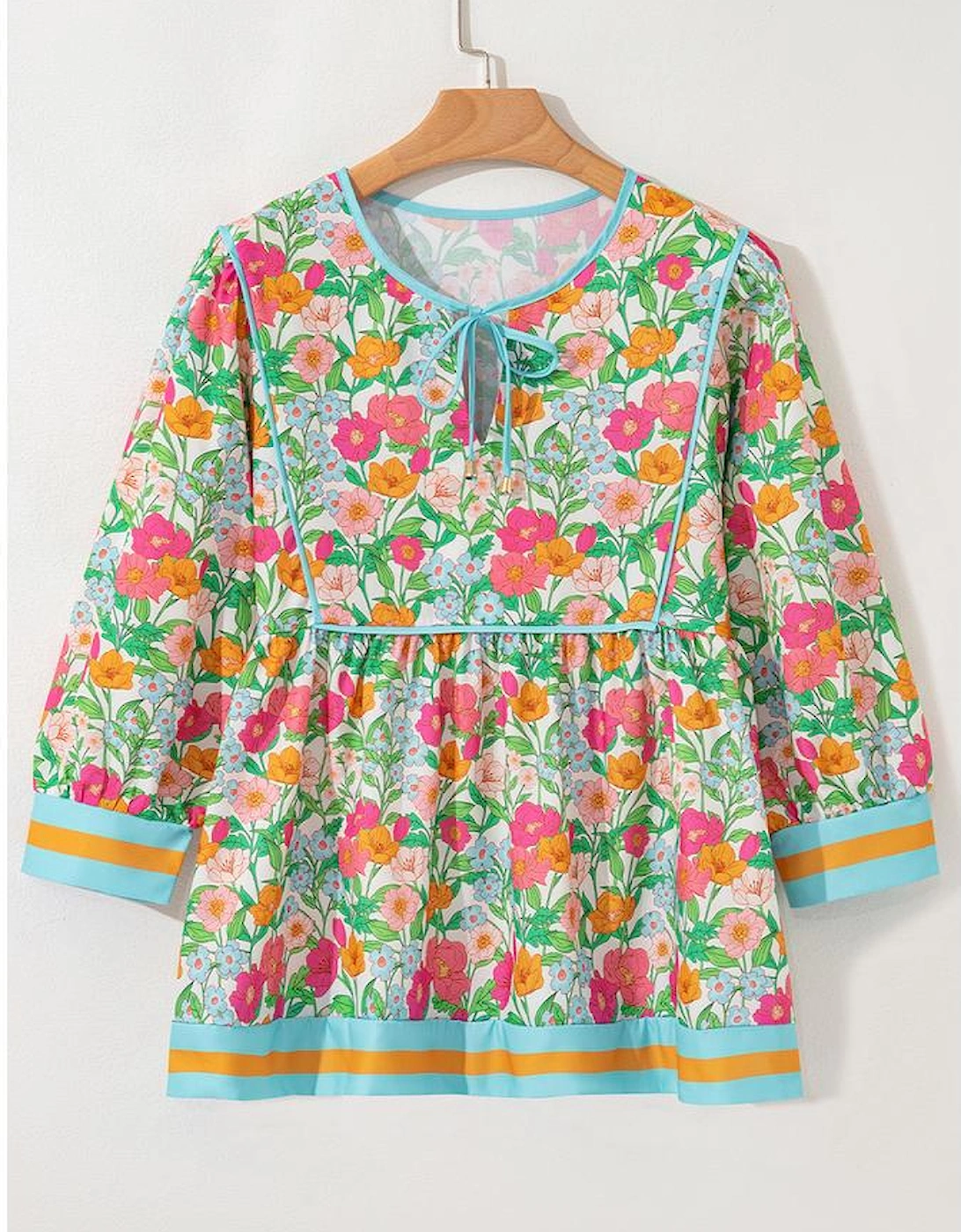 Green Floral Print Striped Trim Tie Neck Puff Sleeve Babydoll Blouse