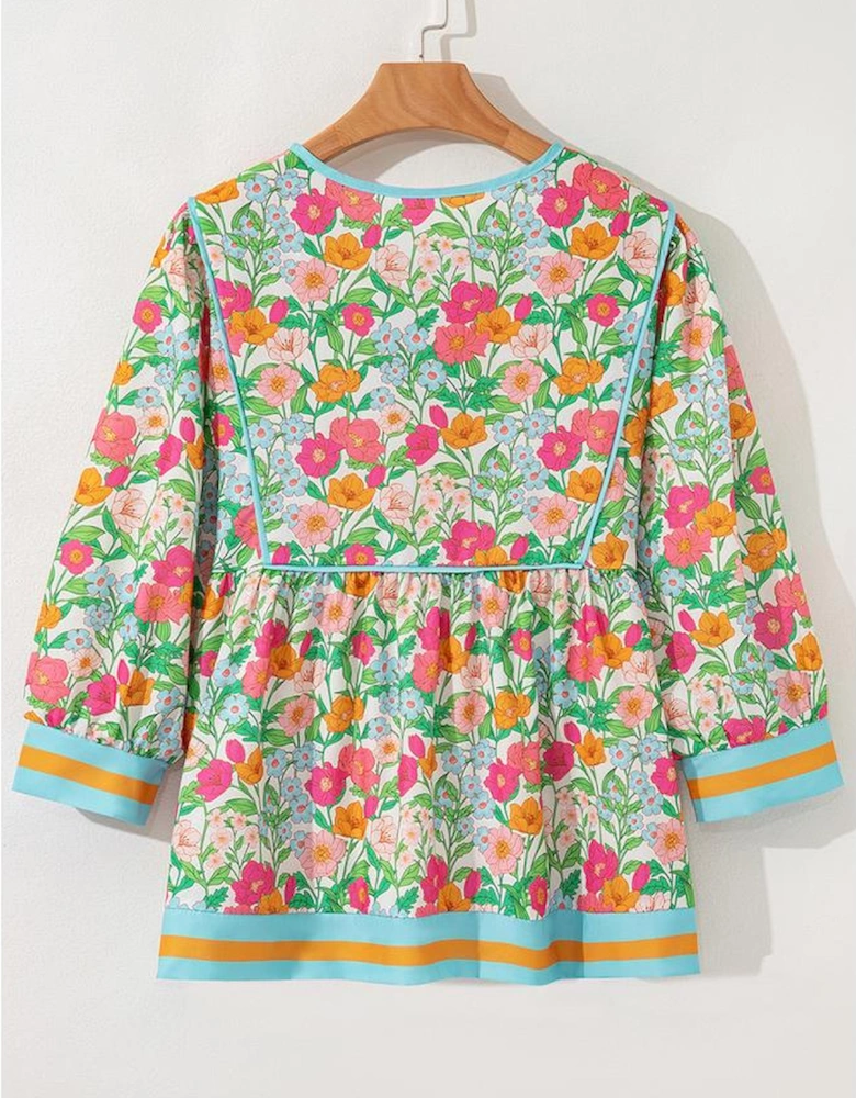Green Floral Print Striped Trim Tie Neck Puff Sleeve Babydoll Blouse
