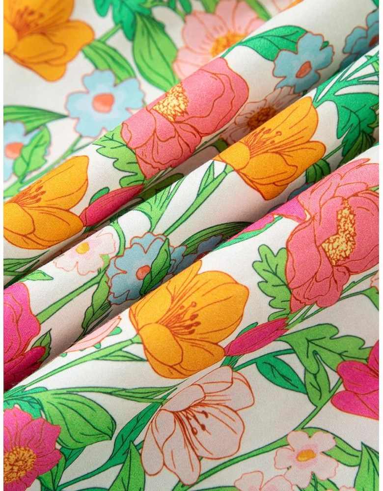 Green Floral Print Striped Trim Tie Neck Puff Sleeve Babydoll Blouse