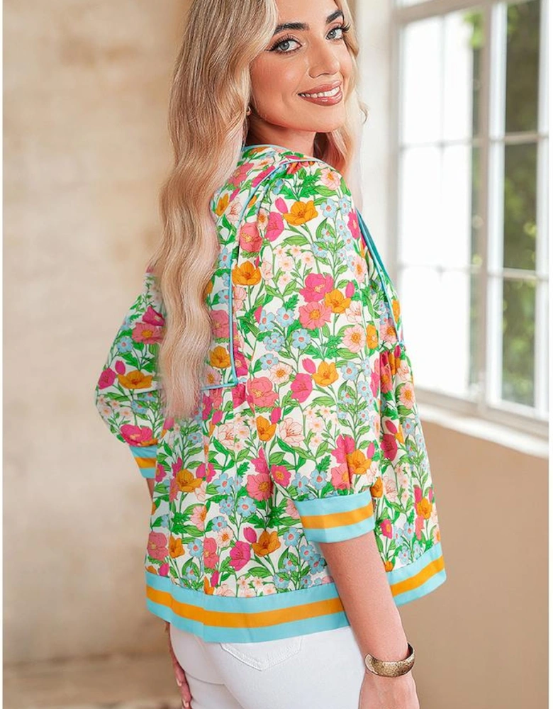 Green Floral Print Striped Trim Tie Neck Puff Sleeve Babydoll Blouse