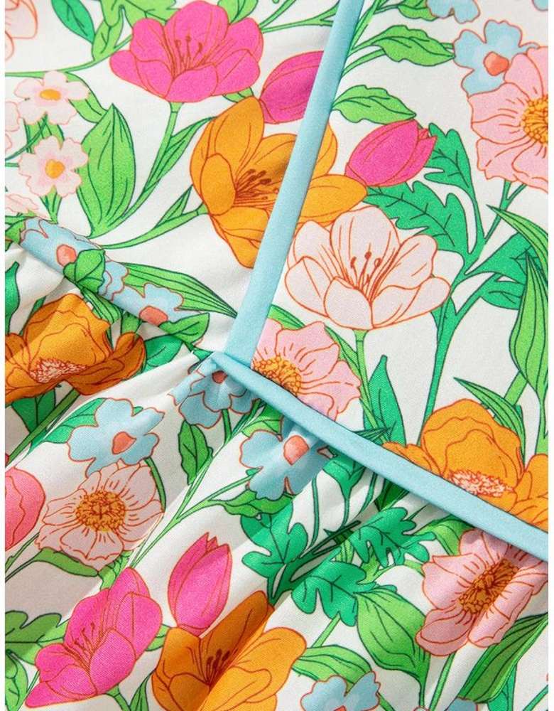 Green Floral Print Striped Trim Tie Neck Puff Sleeve Babydoll Blouse