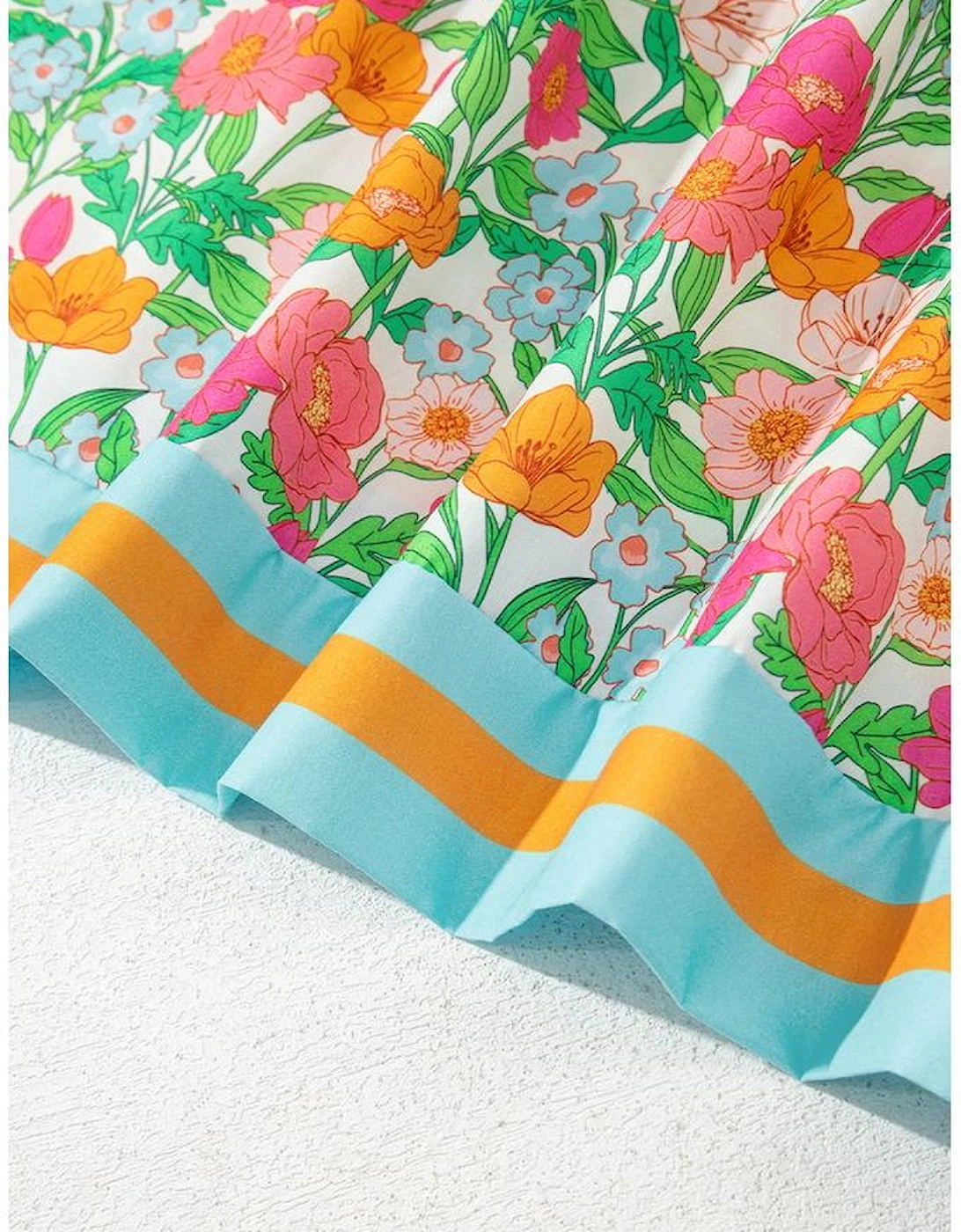 Green Floral Print Striped Trim Tie Neck Puff Sleeve Babydoll Blouse