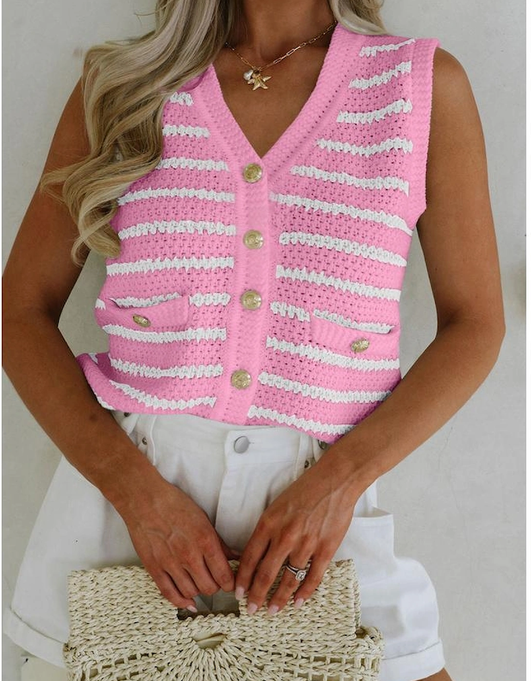Pink Stripe V Neck Gold Buttons Elegant Sweater Vest