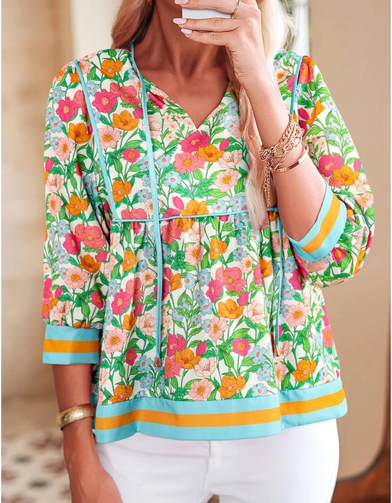 Green Floral Print Striped Trim Tie Neck Puff Sleeve Babydoll Blouse