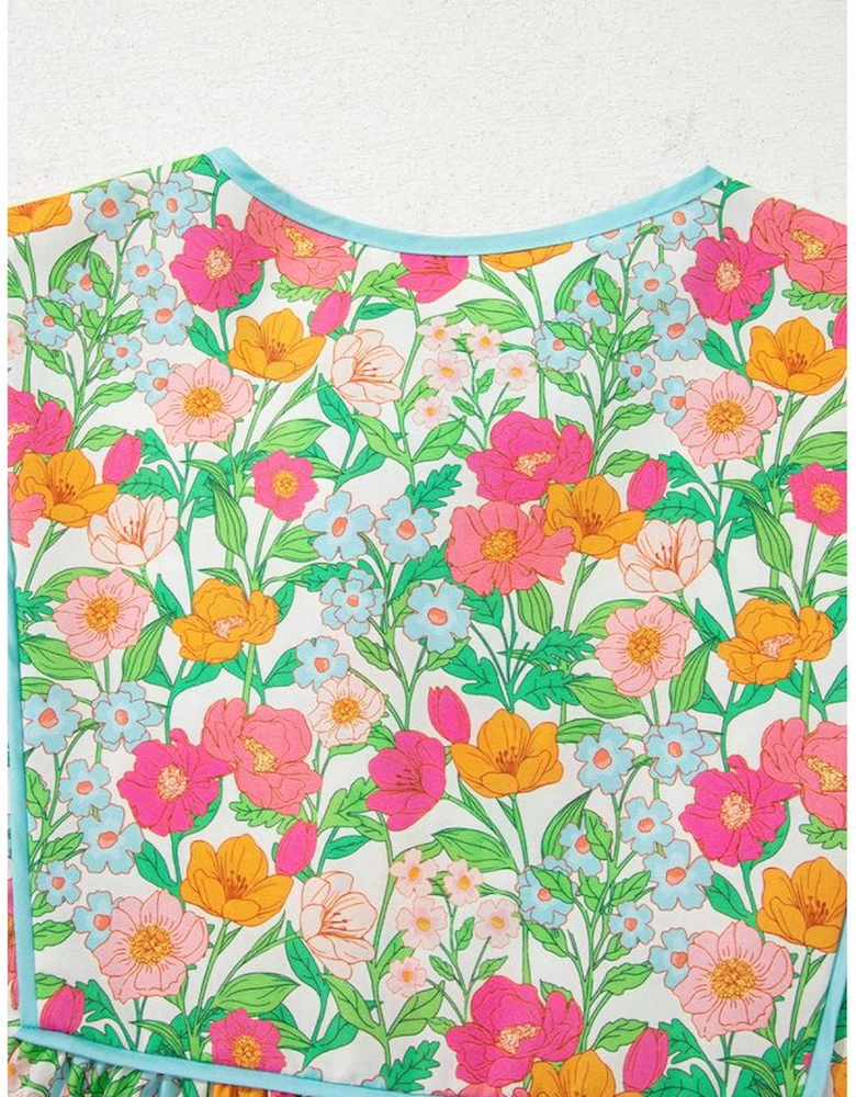 Green Floral Print Striped Trim Tie Neck Puff Sleeve Babydoll Blouse