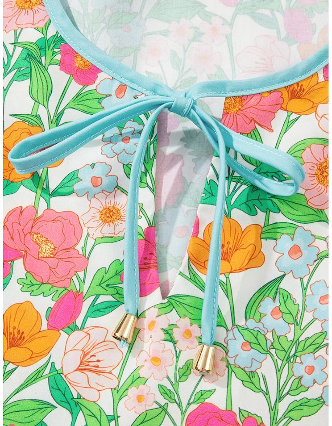 Green Floral Print Striped Trim Tie Neck Puff Sleeve Babydoll Blouse