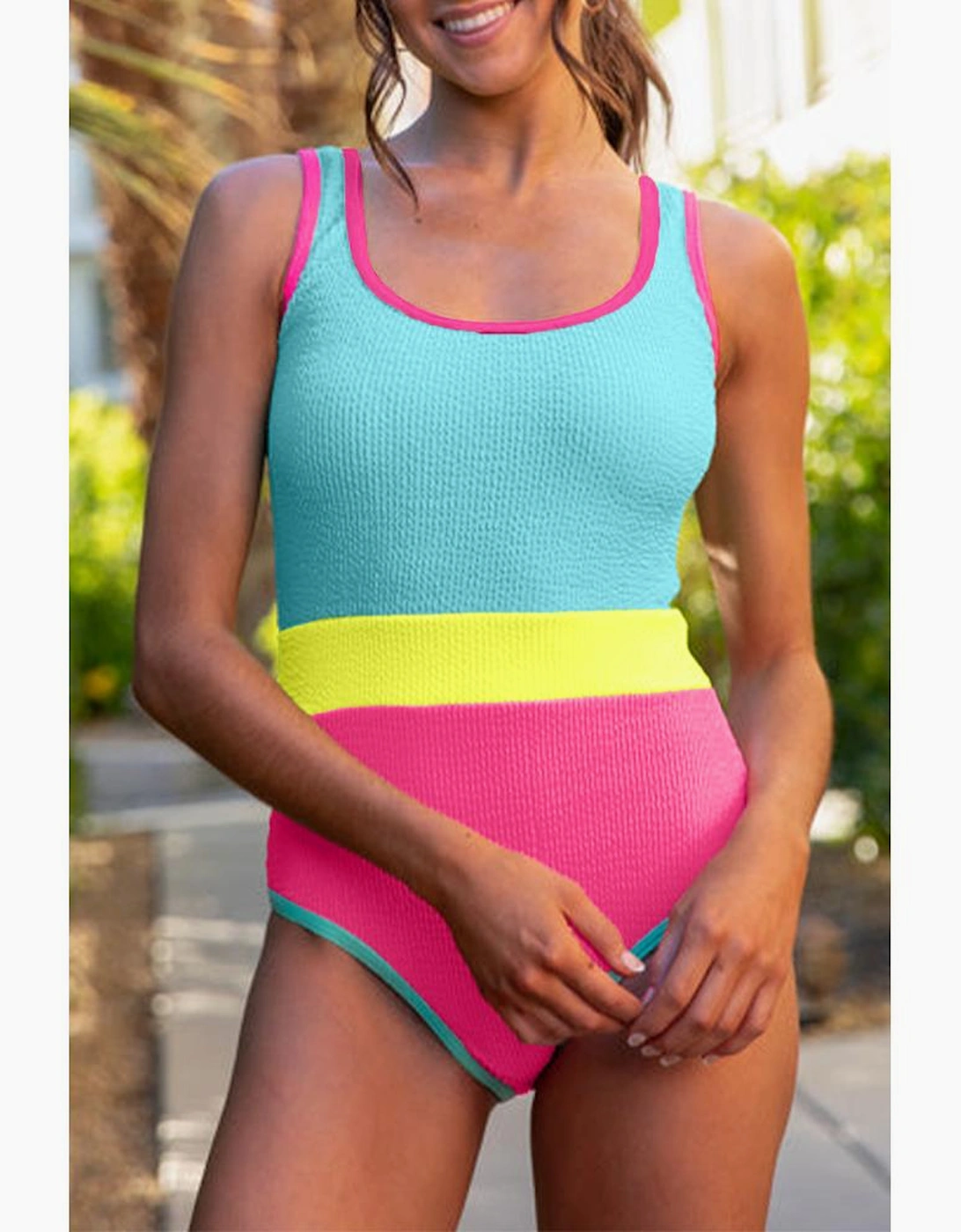 Iceland Blue Textured Color Block Patchwork One Piece Swimsuit