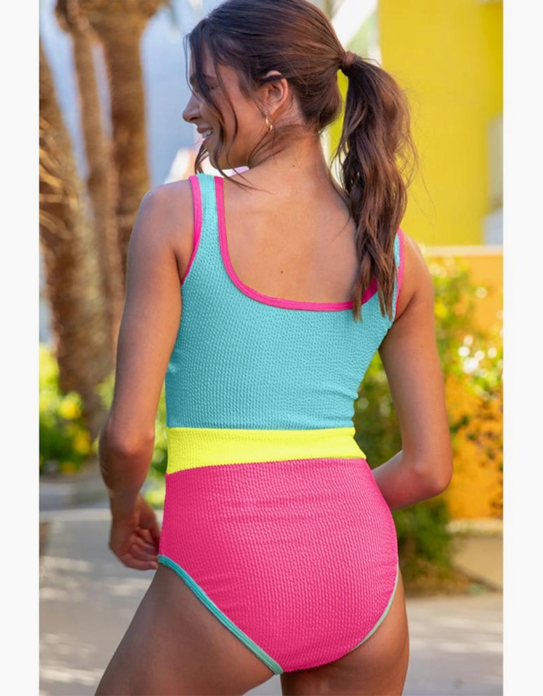 Iceland Blue Textured Color Block Patchwork One Piece Swimsuit