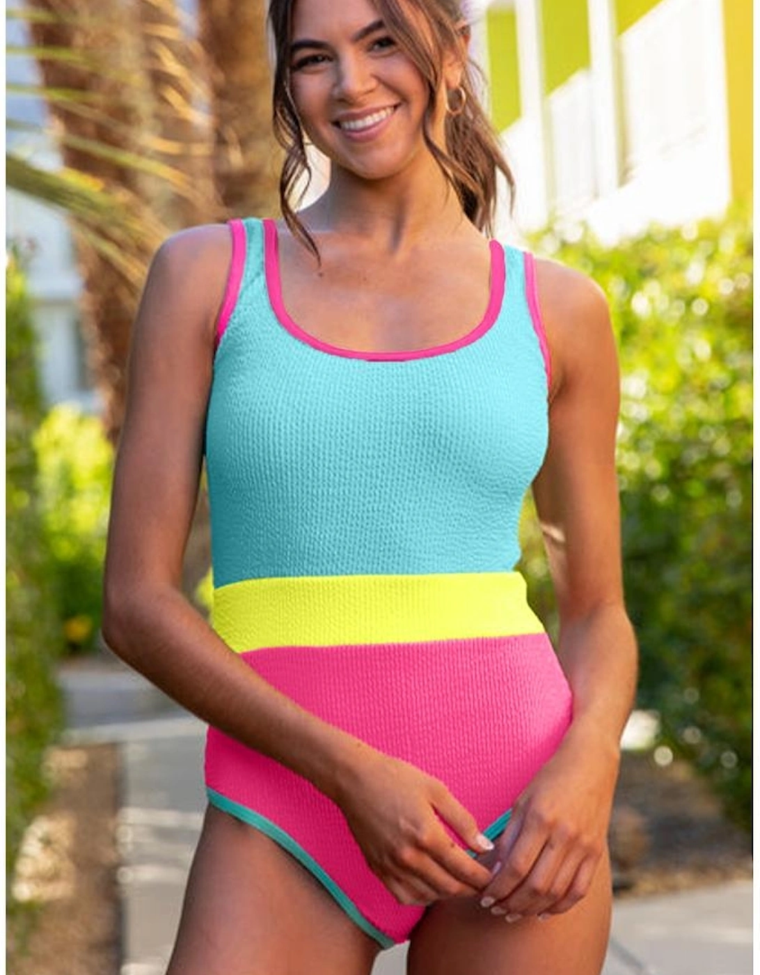 Iceland Blue Textured Color Block Patchwork One Piece Swimsuit