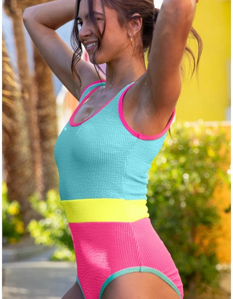 Iceland Blue Textured Color Block Patchwork One Piece Swimsuit