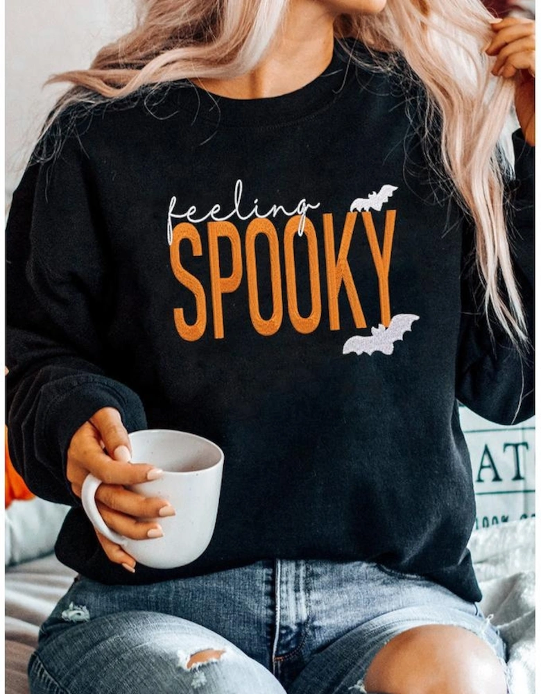 Black Feeling Spooky Halloween Embroidered Graphic Baggy Sweatshirt
