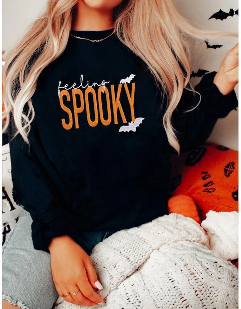 Black Feeling Spooky Halloween Embroidered Graphic Baggy Sweatshirt