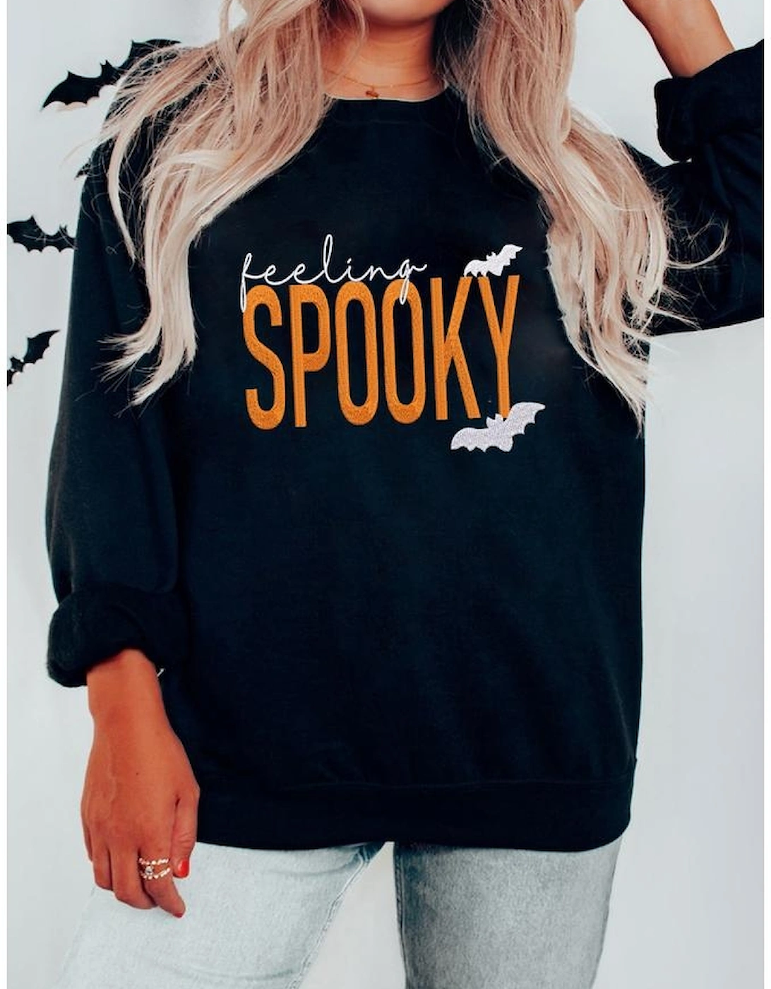 Black Feeling Spooky Halloween Embroidered Graphic Baggy Sweatshirt