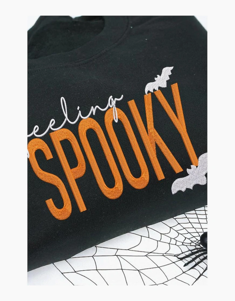 Black Feeling Spooky Halloween Embroidered Graphic Baggy Sweatshirt