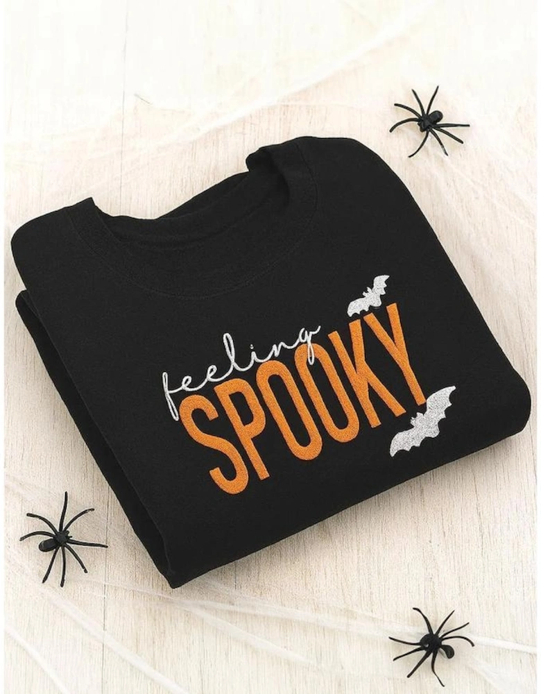Black Feeling Spooky Halloween Embroidered Graphic Baggy Sweatshirt