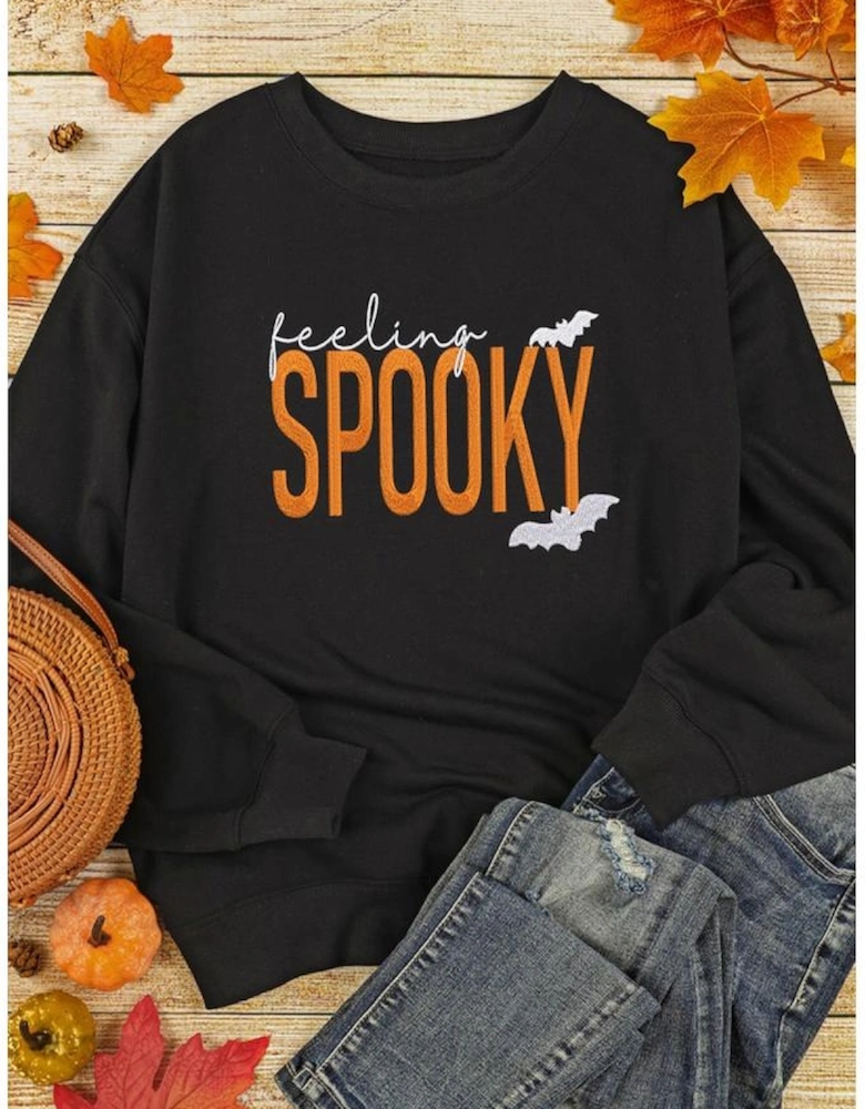Black Feeling Spooky Halloween Embroidered Graphic Baggy Sweatshirt