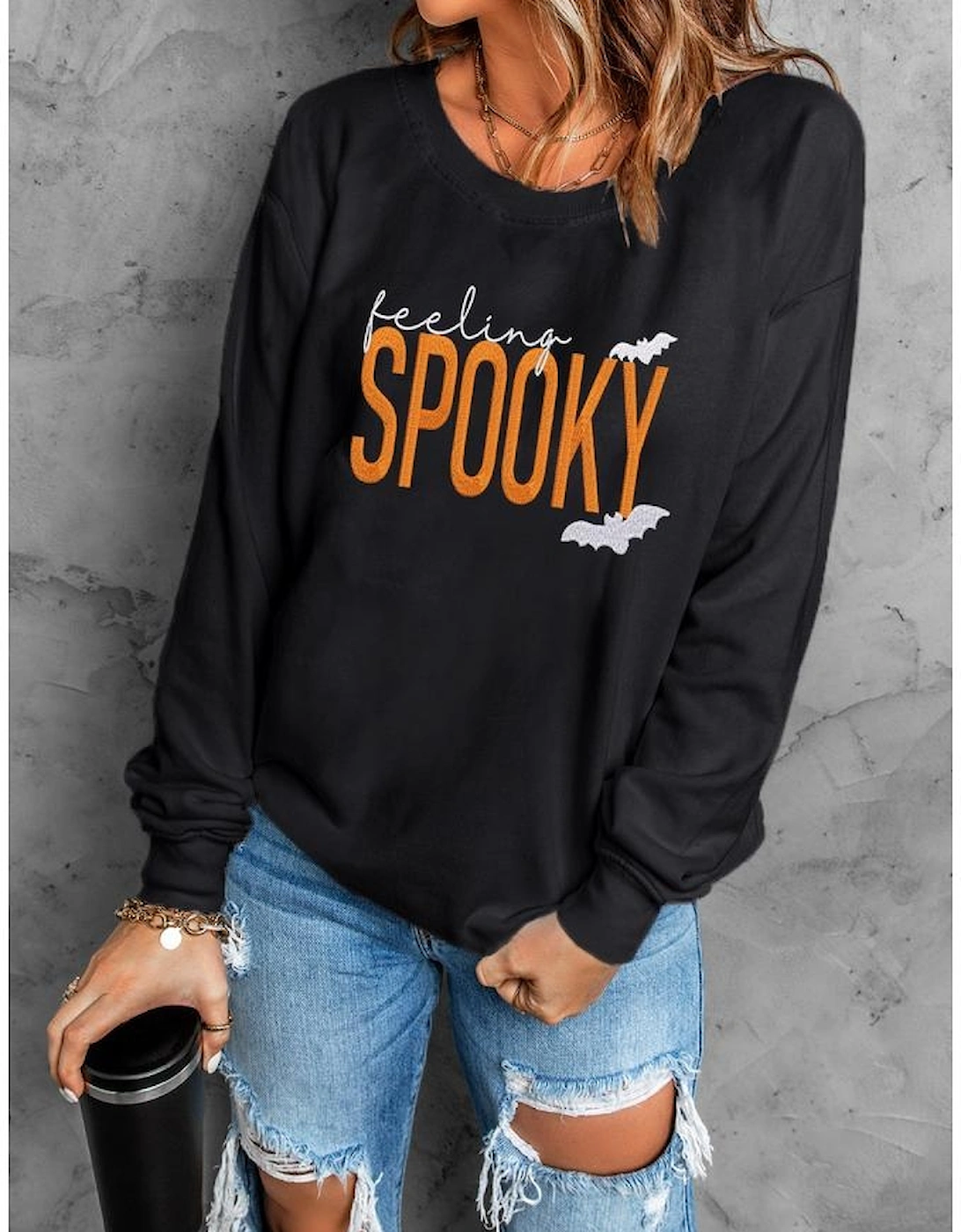 Black Feeling Spooky Halloween Embroidered Graphic Baggy Sweatshirt