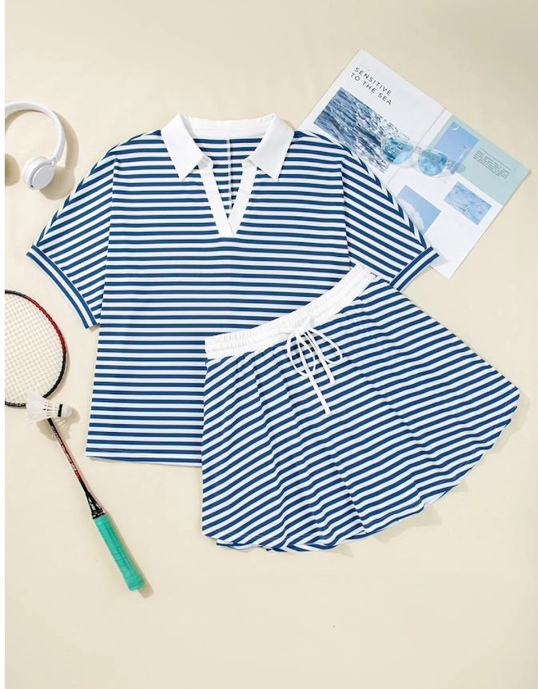 Blue Stripe Short Sleeve Collared V Neck Top Plus Size Skort Set