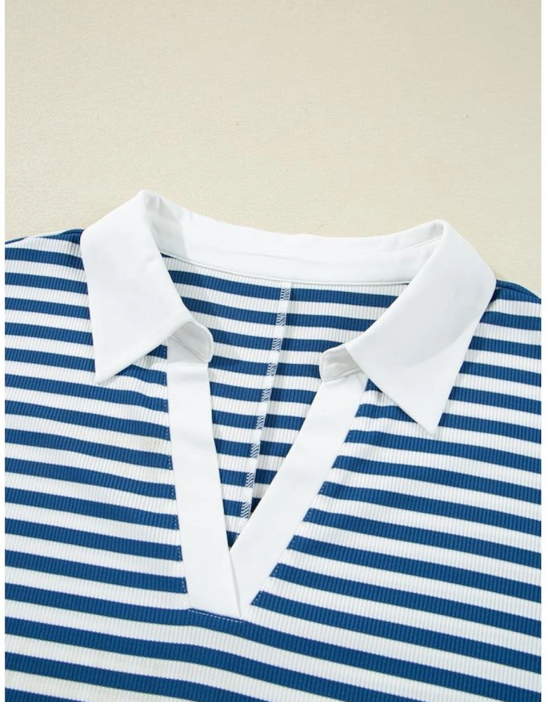 Blue Stripe Short Sleeve Collared V Neck Top Plus Size Skort Set