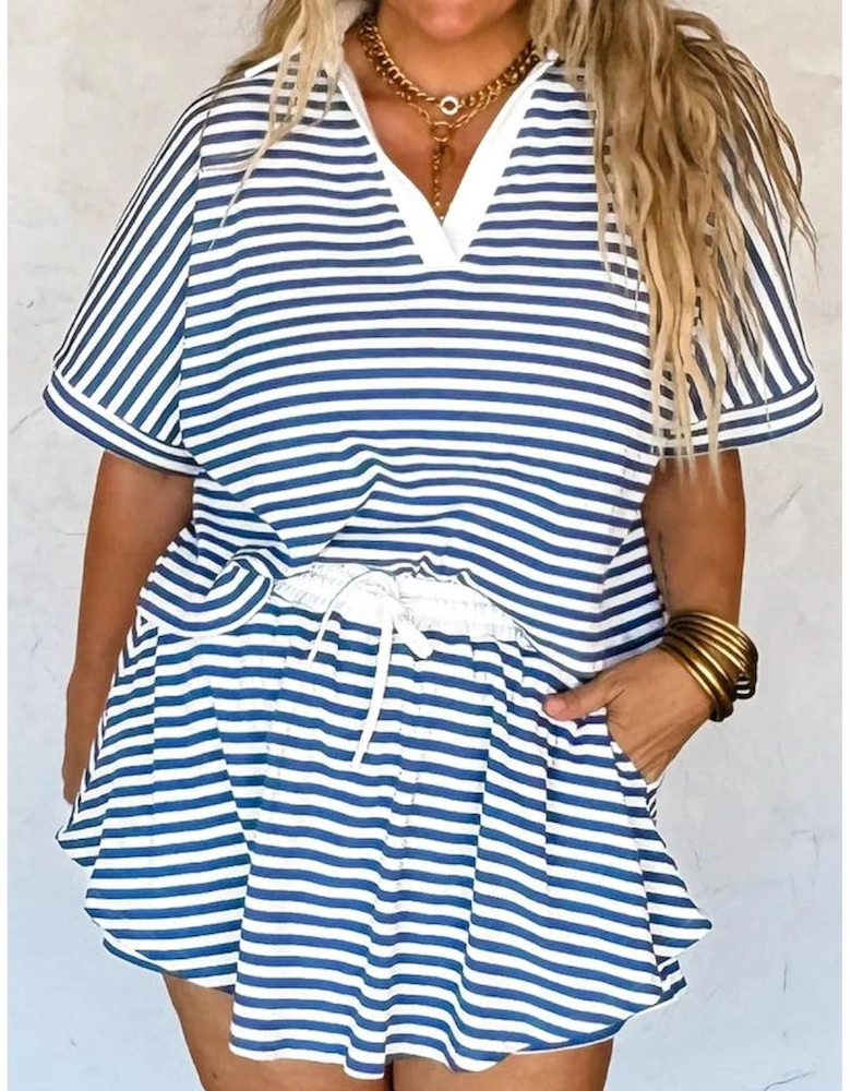 Blue Stripe Short Sleeve Collared V Neck Top Plus Size Skort Set