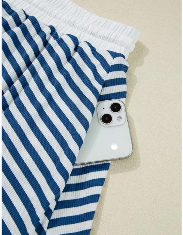 Blue Stripe Short Sleeve Collared V Neck Top Plus Size Skort Set