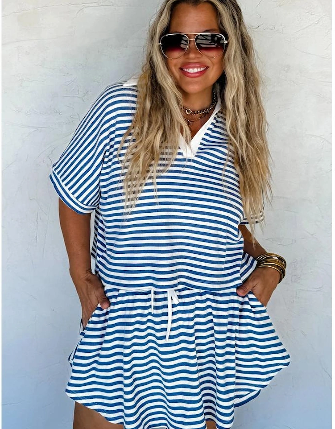 Blue Stripe Short Sleeve Collared V Neck Top Plus Size Skort Set