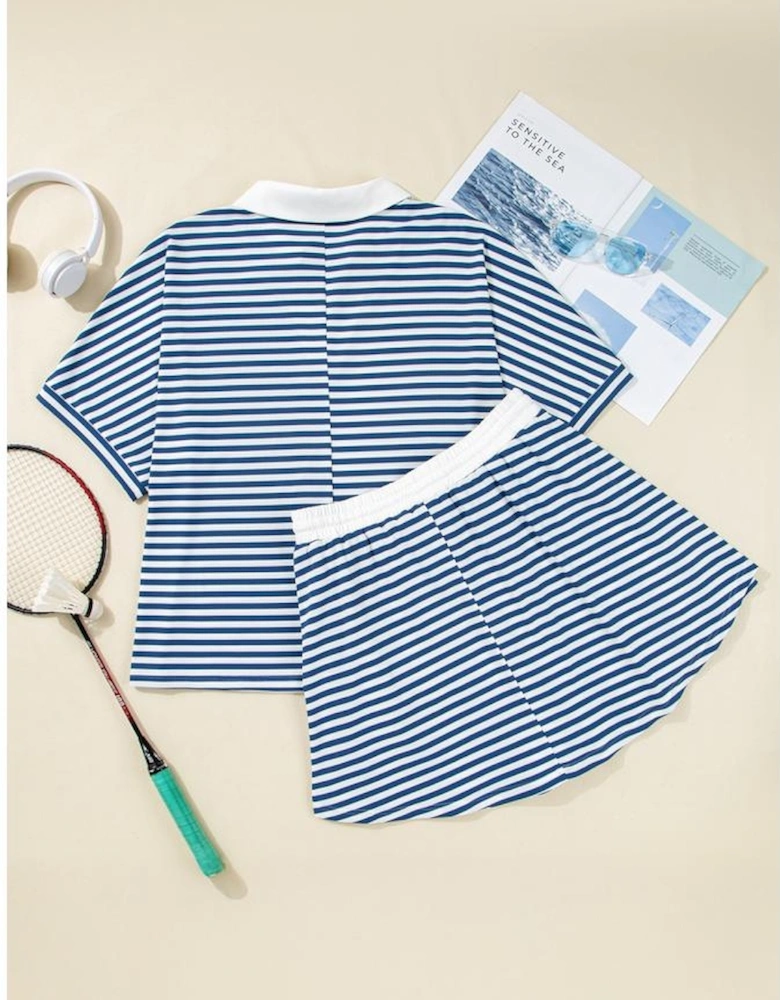 Blue Stripe Short Sleeve Collared V Neck Top Plus Size Skort Set
