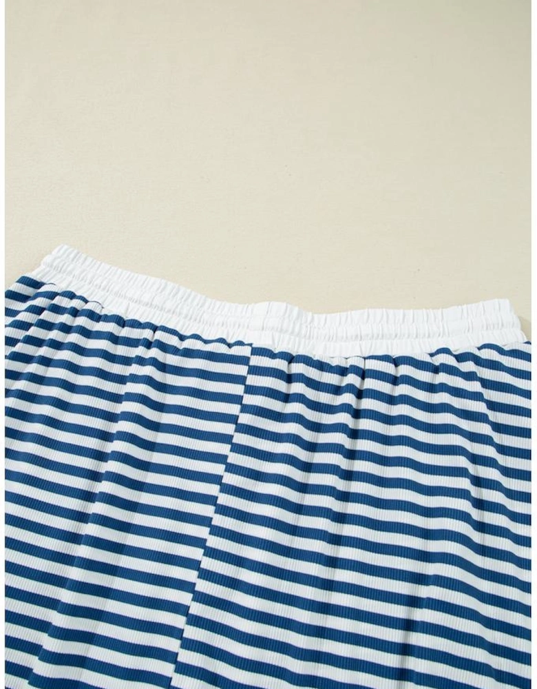 Blue Stripe Short Sleeve Collared V Neck Top Plus Size Skort Set