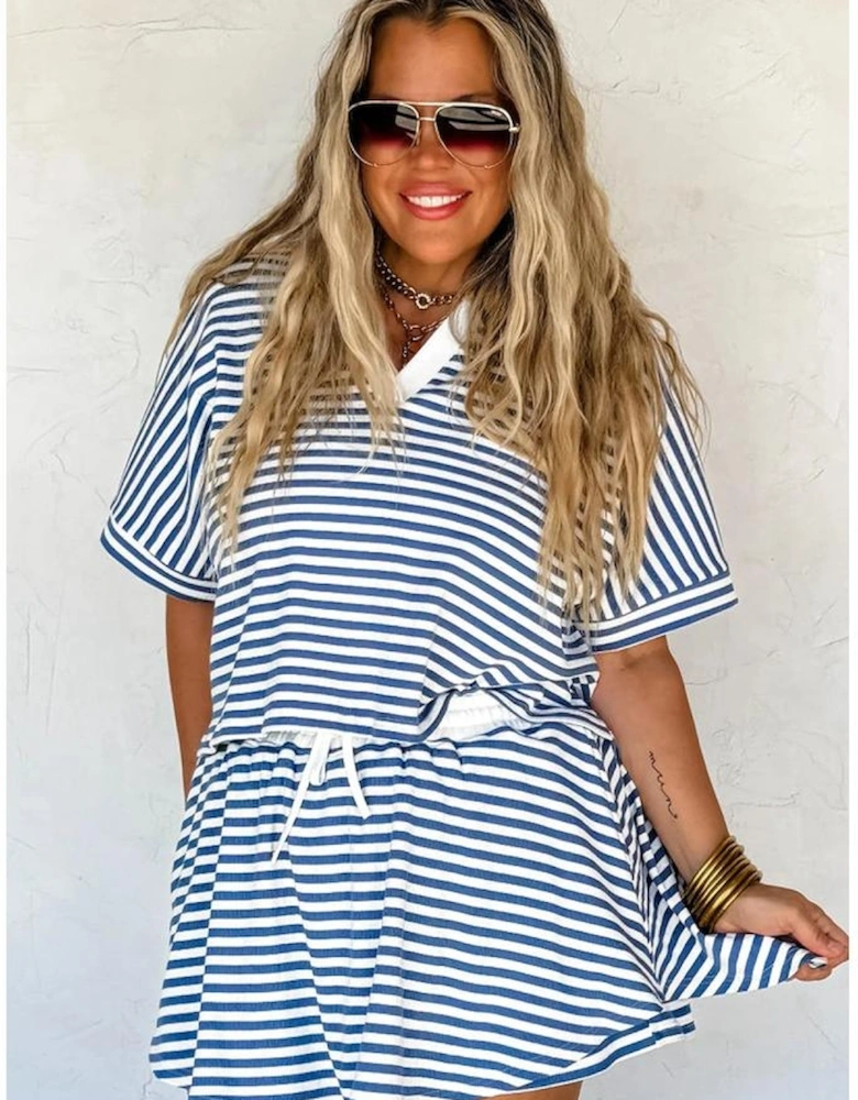 Blue Stripe Short Sleeve Collared V Neck Top Plus Size Skort Set