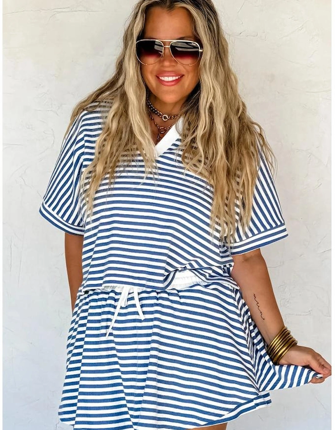 Blue Stripe Short Sleeve Collared V Neck Top Plus Size Skort Set