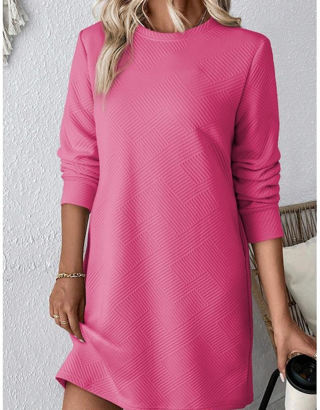 Rose Red Solid Color Textured Long Sleeve Shift Dress, 12 of 11