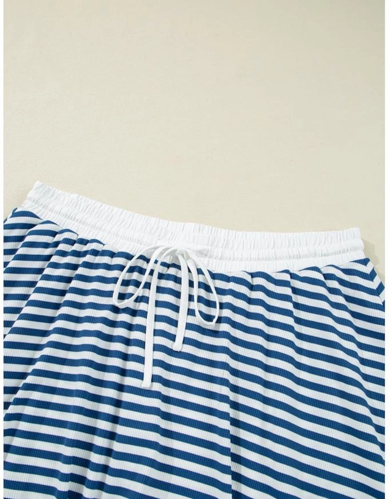 Blue Stripe Short Sleeve Collared V Neck Top Plus Size Skort Set