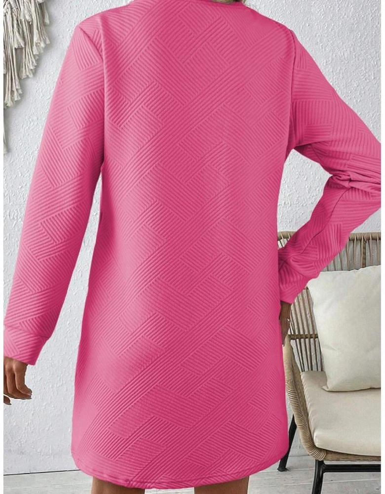 Rose Red Solid Color Textured Long Sleeve Shift Dress