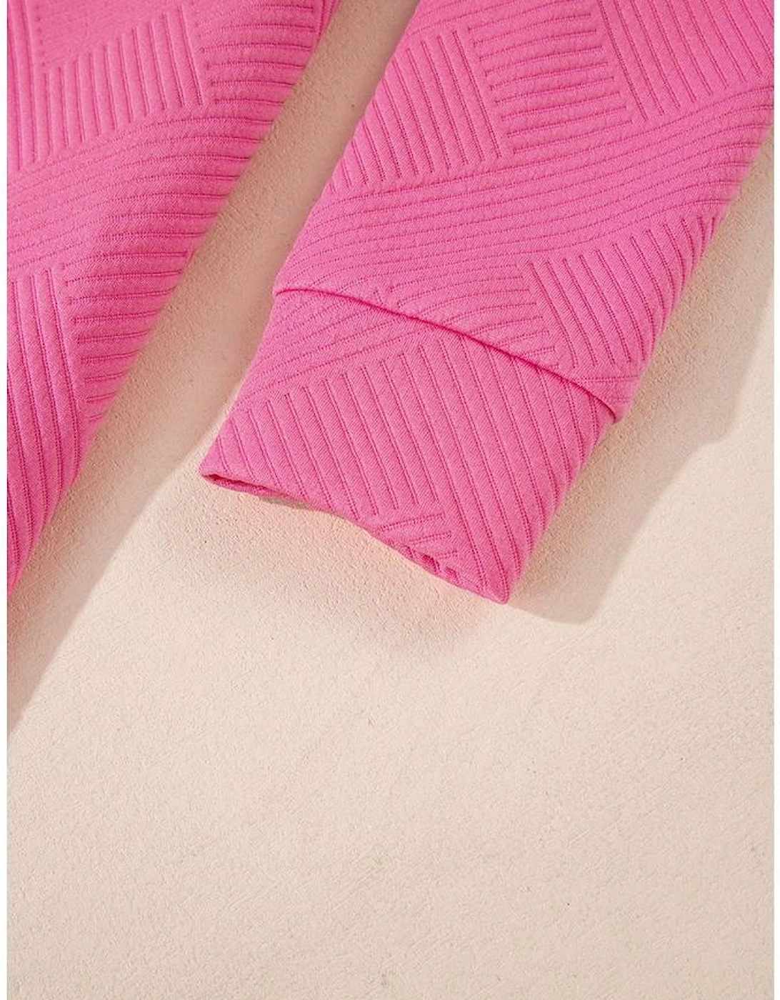 Rose Red Solid Color Textured Long Sleeve Shift Dress