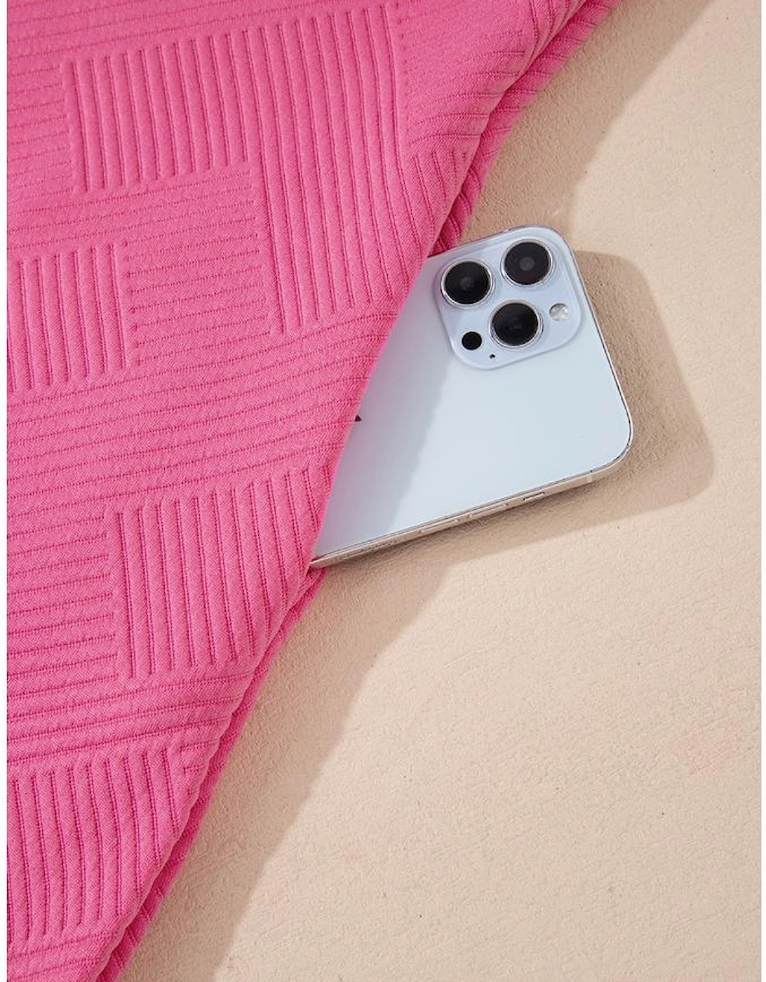 Rose Red Solid Color Textured Long Sleeve Shift Dress