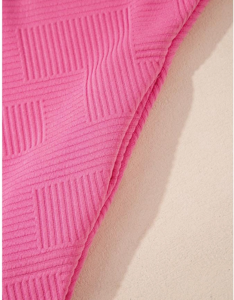 Rose Red Solid Color Textured Long Sleeve Shift Dress