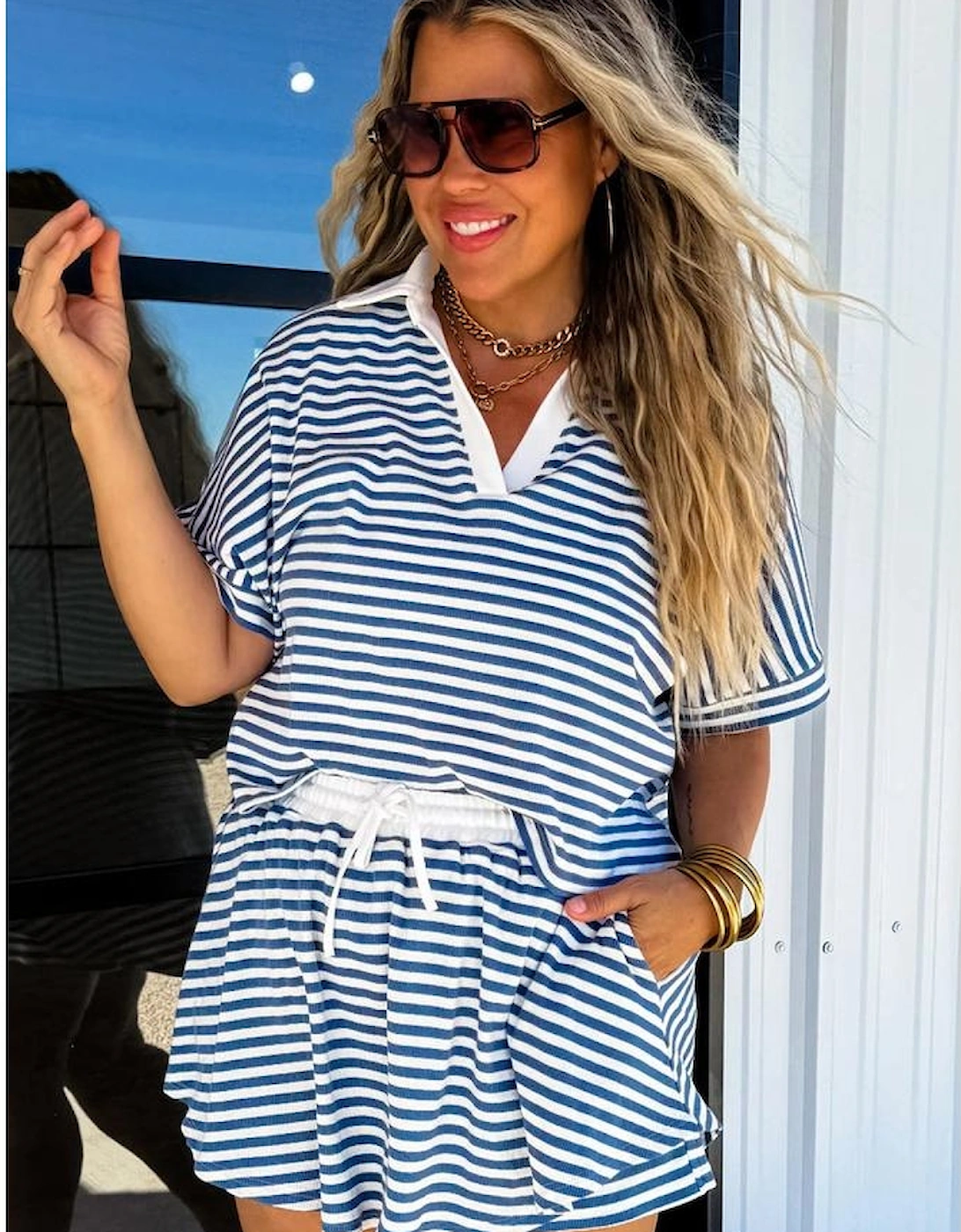 Blue Stripe Short Sleeve Collared V Neck Top Plus Size Skort Set