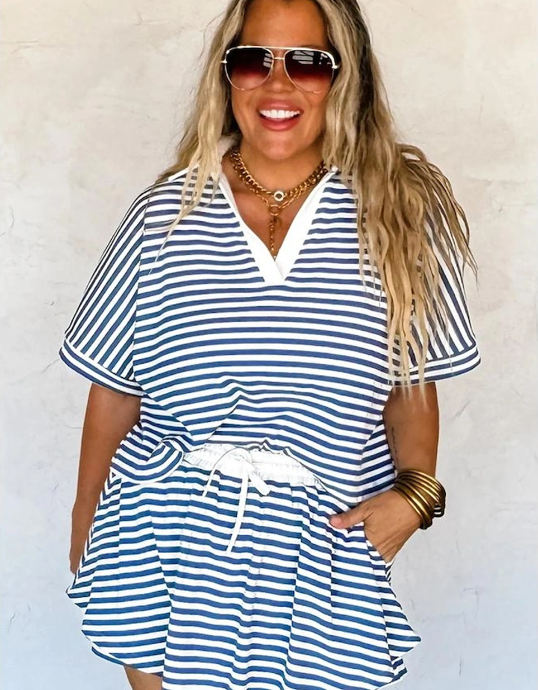 Blue Stripe Short Sleeve Collared V Neck Top Plus Size Skort Set, 16 of 15