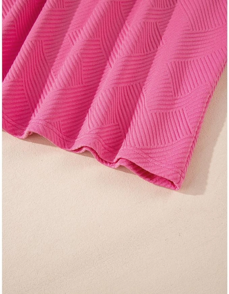 Rose Red Solid Color Textured Long Sleeve Shift Dress