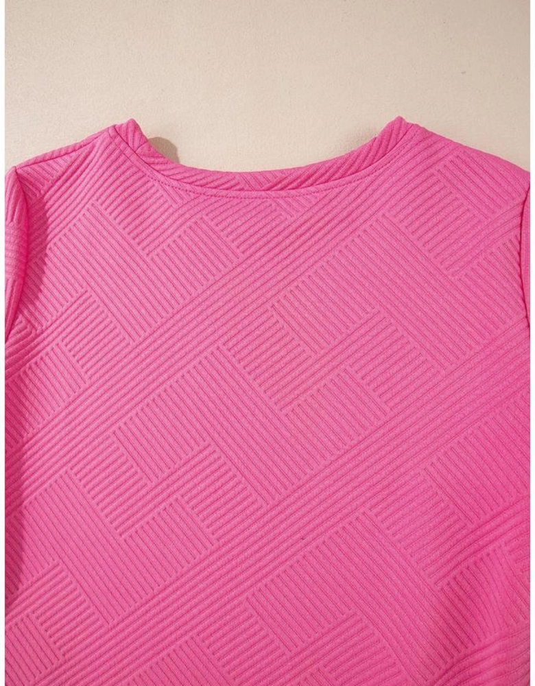 Rose Red Solid Color Textured Long Sleeve Shift Dress