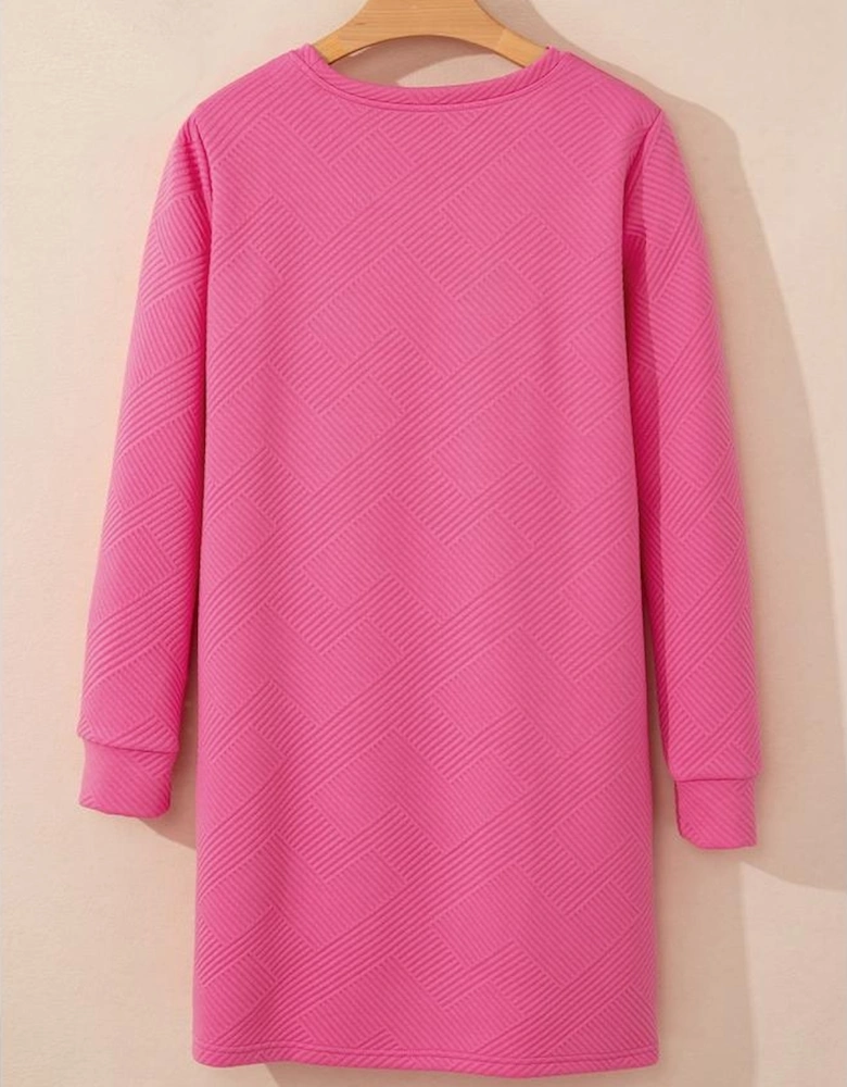 Rose Red Solid Color Textured Long Sleeve Shift Dress