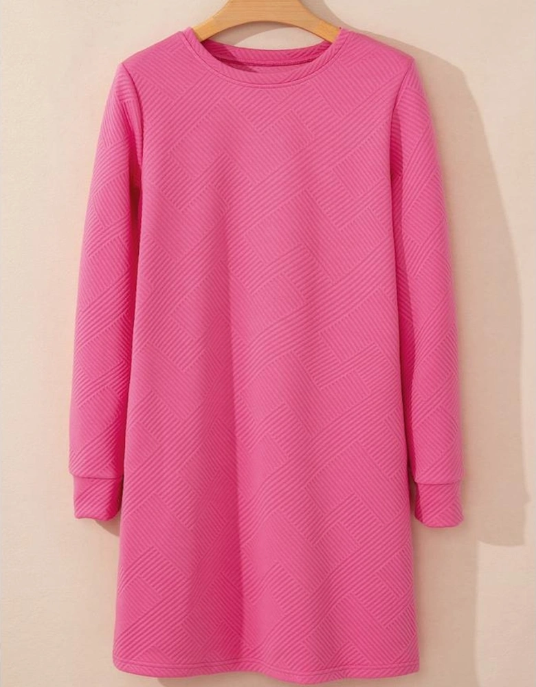 Rose Red Solid Color Textured Long Sleeve Shift Dress