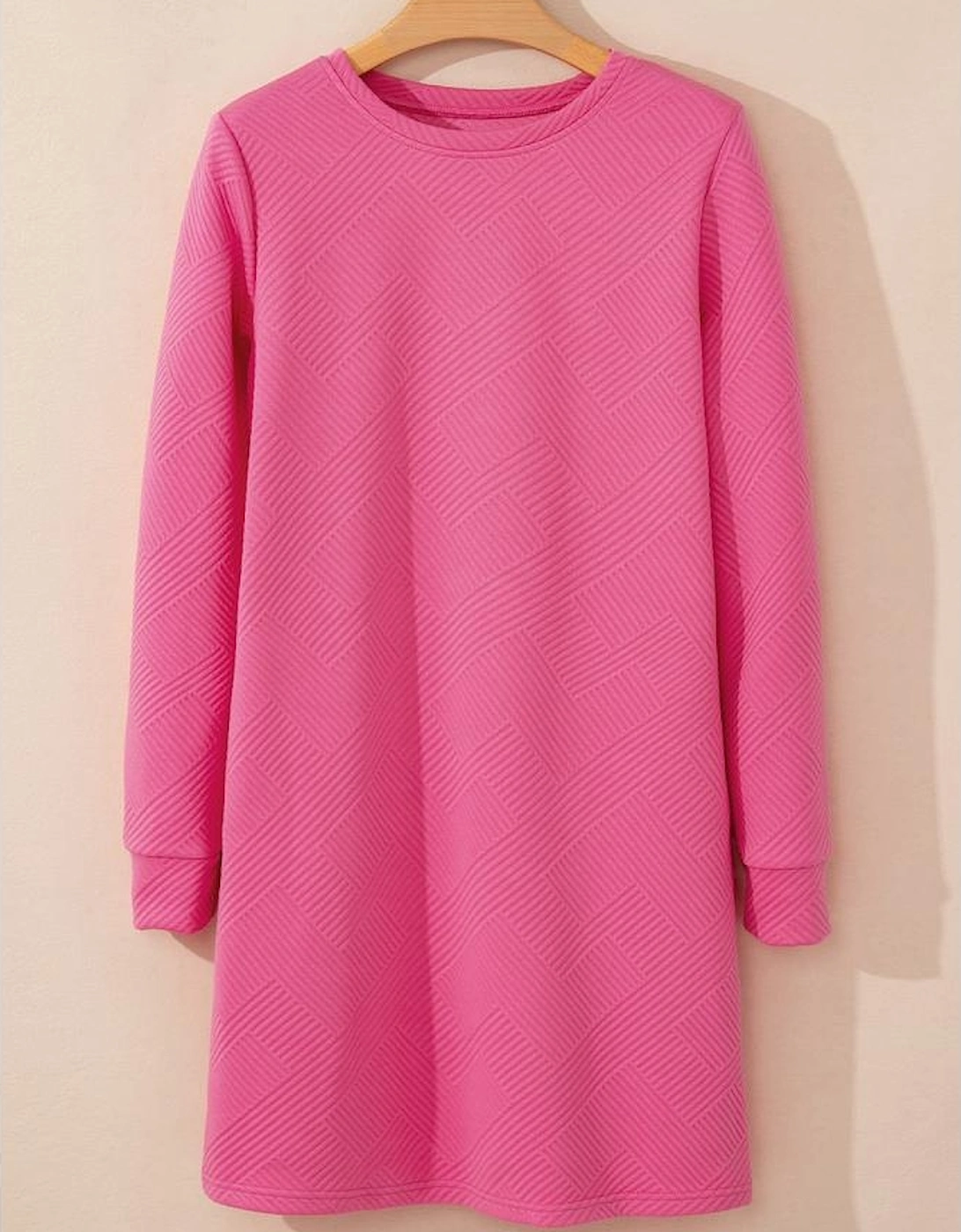 Rose Red Solid Color Textured Long Sleeve Shift Dress