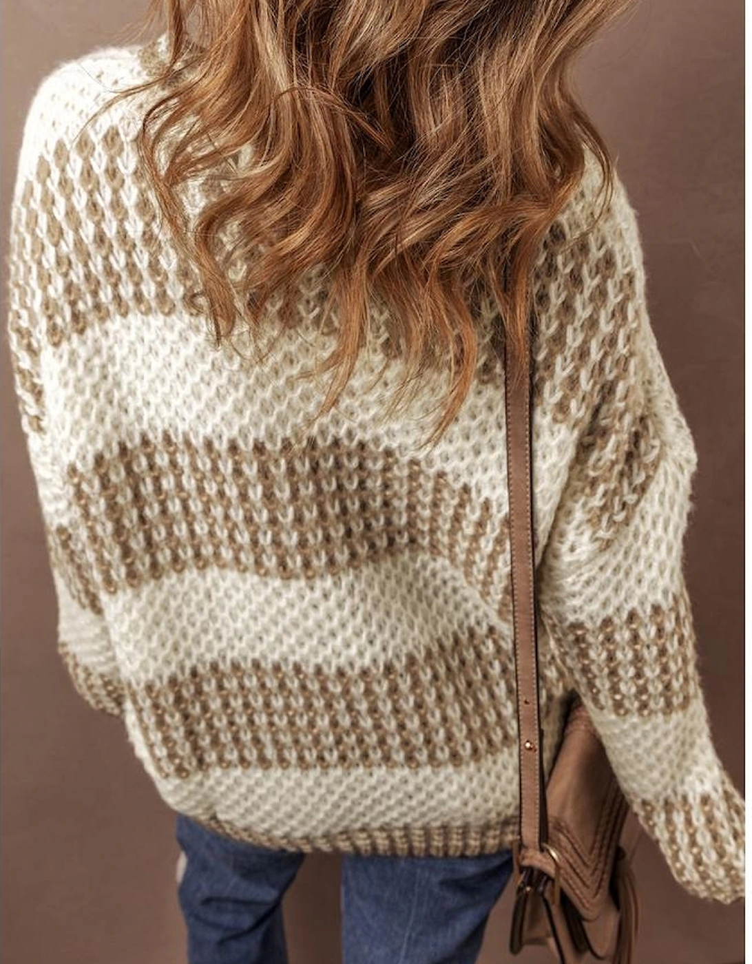 Brown Stripe Drop Shoulder Round Neck Loose Sweater, 12 of 11