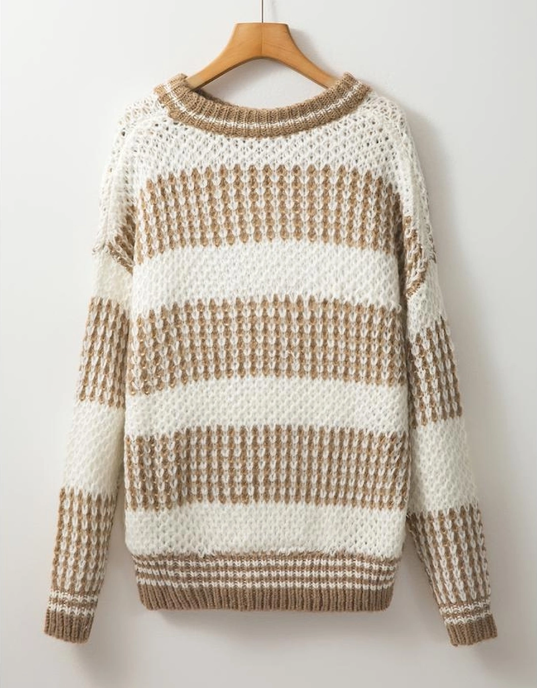 Brown Stripe Drop Shoulder Round Neck Loose Sweater